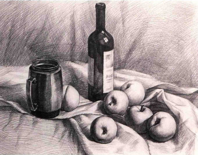 素描红酒瓶-保温杯和水果的作画步骤（4）