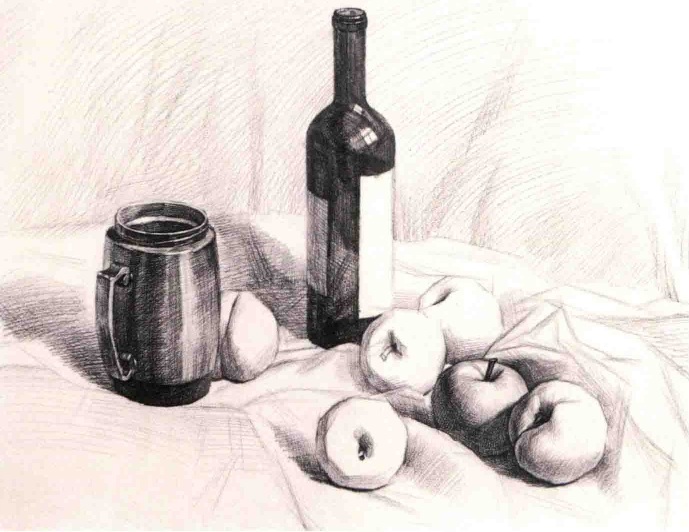 素描红酒瓶-保温杯和水果的作画步骤（3）