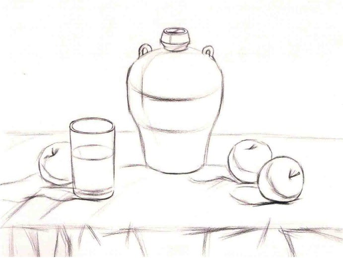素描黄酒坛和三个苹果的作画步骤（1）