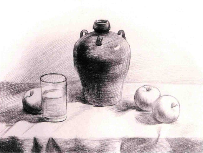 素描黄酒坛和三个苹果的作画步骤（3）