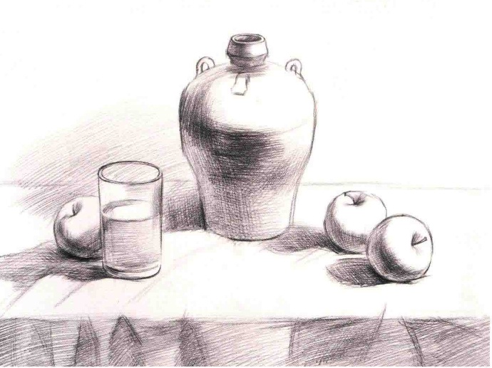 素描黄酒坛和三个苹果的作画步骤（2）