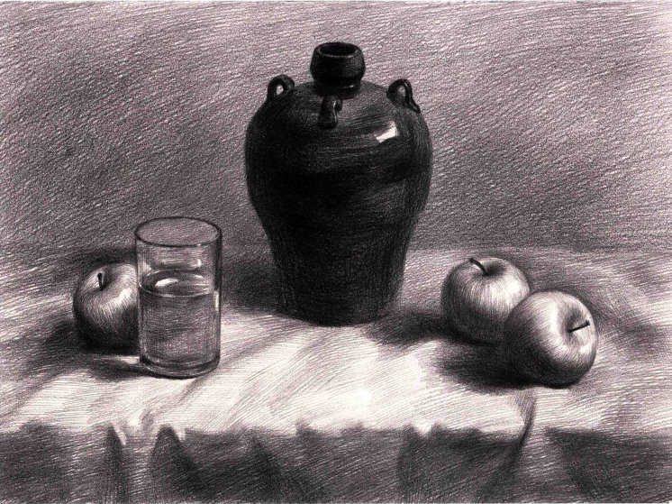 素描黄酒坛和三个苹果的作画步骤（5）