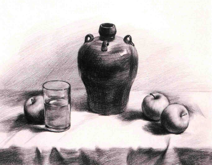 素描黄酒坛和三个苹果的作画步骤（4）