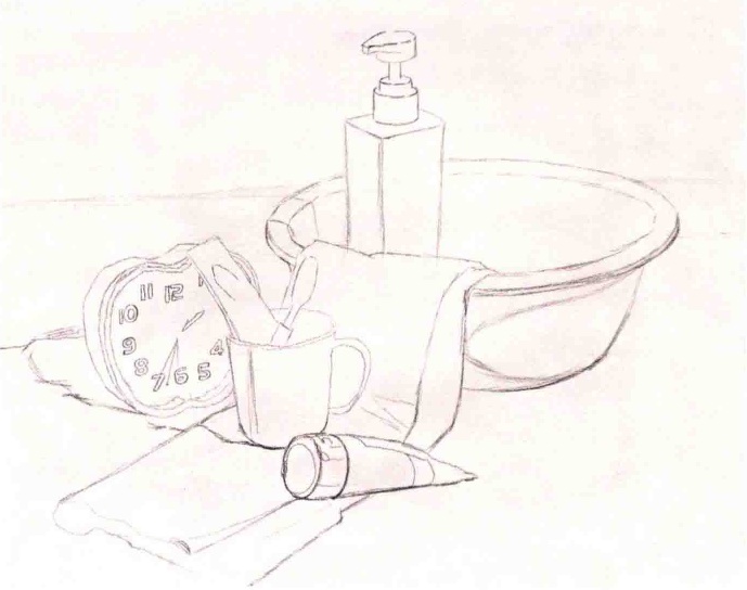 素描闹表和洗漱用品的作画步骤（1）