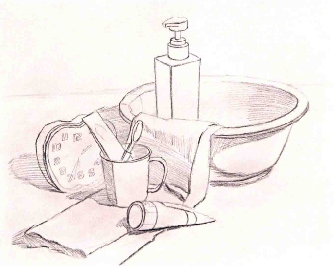 素描闹表和洗漱用品的作画步骤（2）