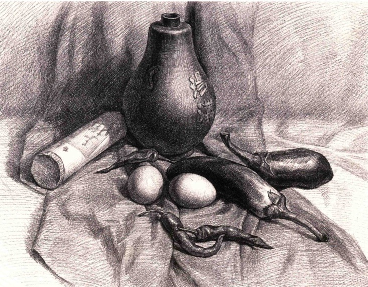 素描陶质酒壶和蔬菜的作画步骤（5）