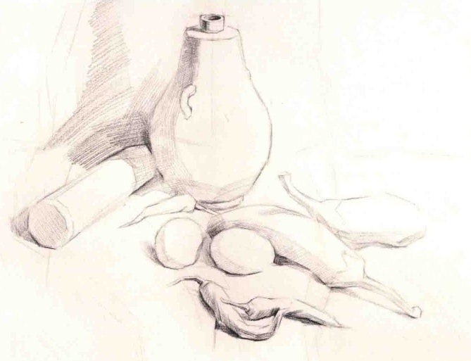 素描陶质酒壶和蔬菜的作画步骤（1）