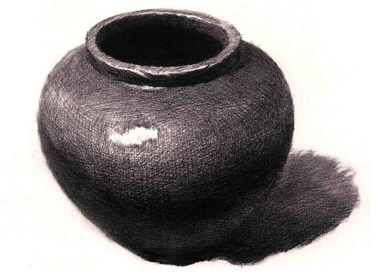 素描圆形陶罐的作画步骤（4）