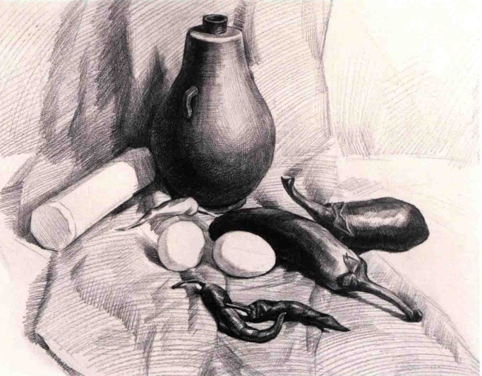 素描陶质酒壶和蔬菜的作画步骤（3）